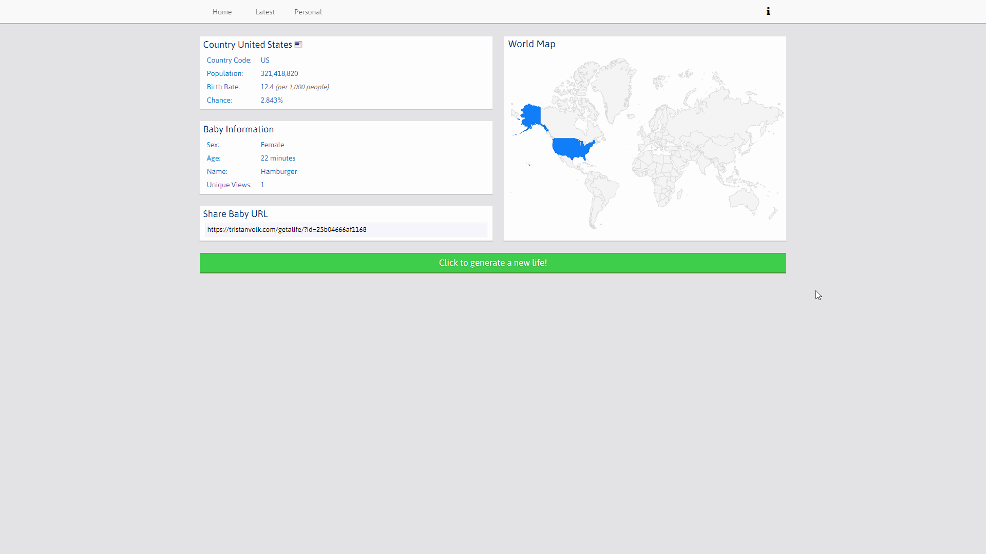 A screenshot of a generated baby is seen. The baby is seen to be from the United States with a world map next to it.