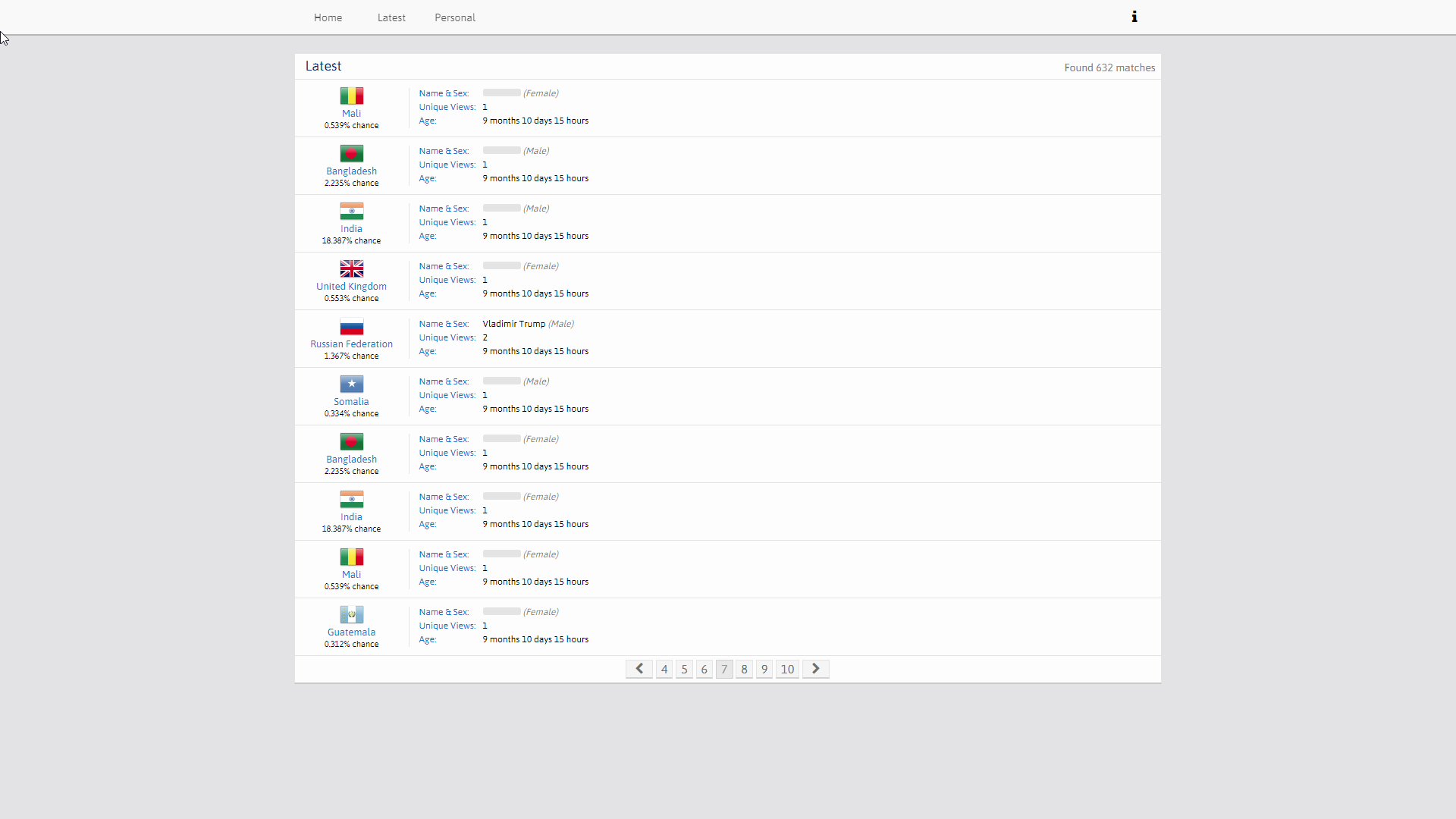 A list of generated babies is seen. Showing all the latest babies that have been created on the site, made by anyone.
