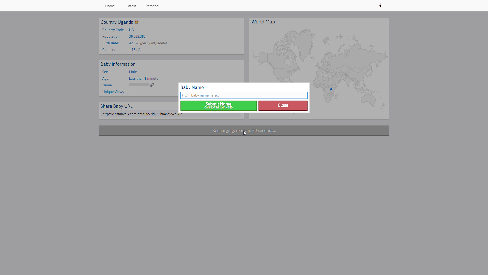 A window is seen in which the user is able to set a name for their newly born baby.
