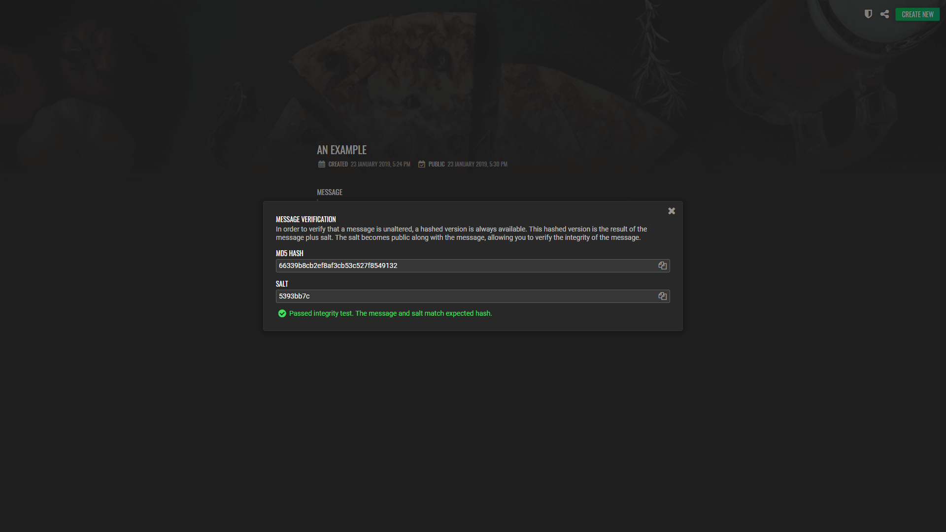 A screenshot is seen showing a popup in the centre with an MD5 hash and salt, verified to match the message.
