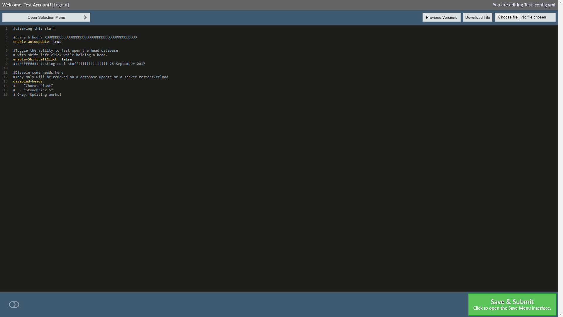 A screenshot of the dark themed editor, allowing the user to edit a file and upload it.