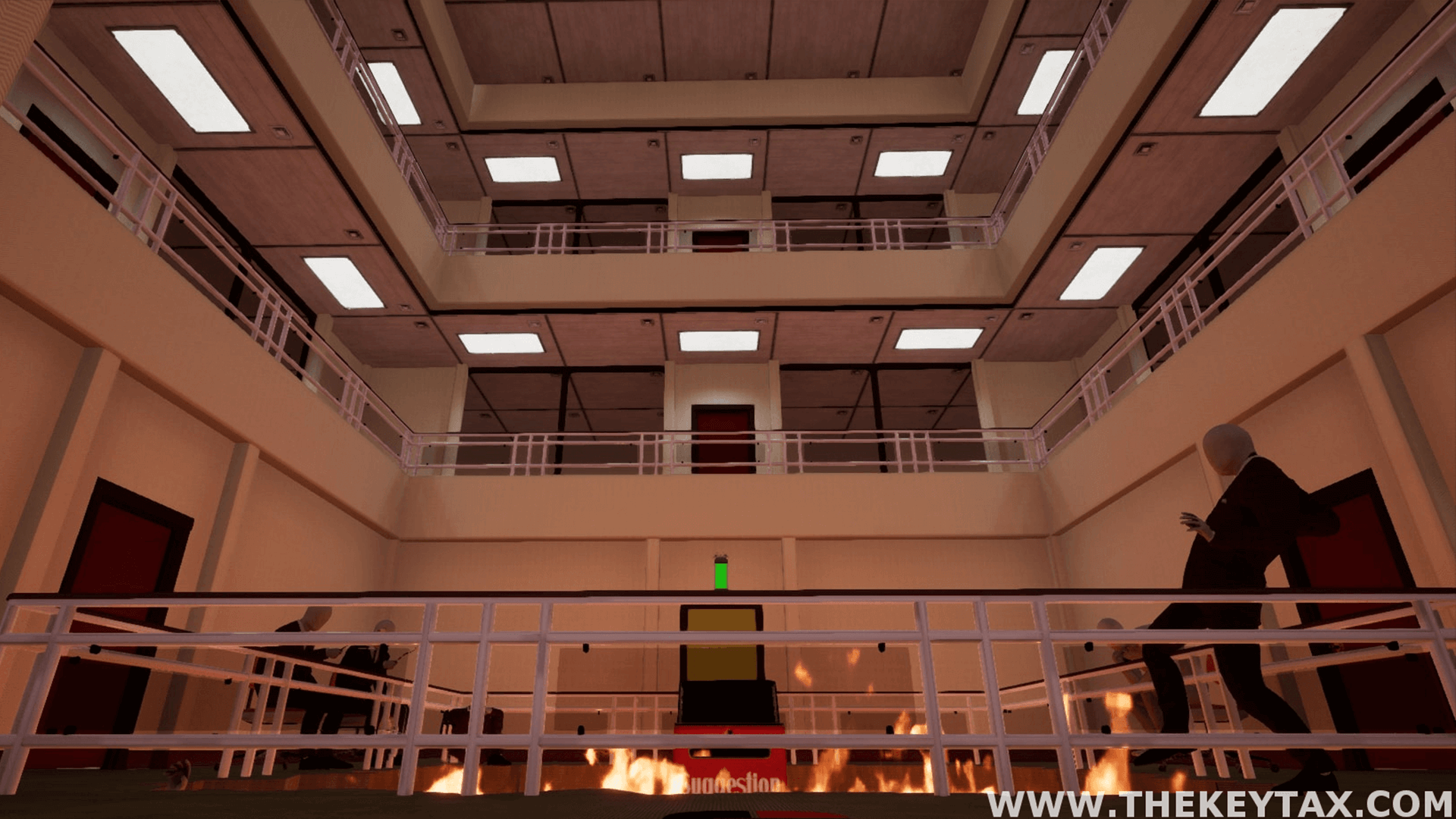 A box for suggestions is surrounded by lava, with some mannequins roasting marshmellows while another is considering jumping in.