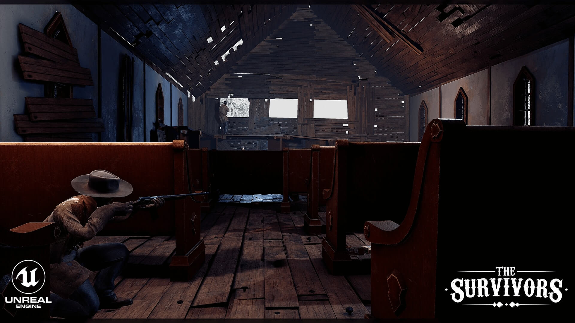 A church with two squad members taking cover, watching the windows for possible threats.